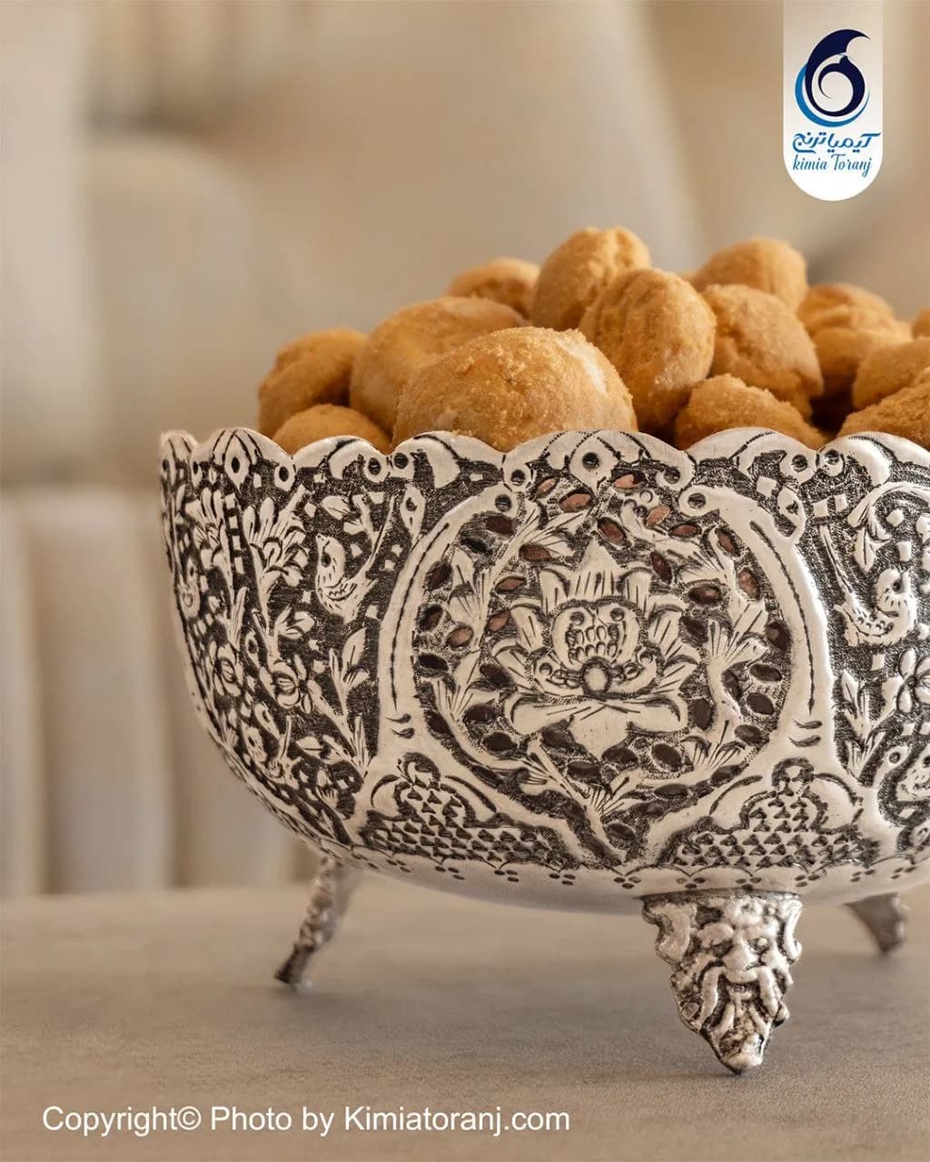 کاسه آجیل خوری کوچک شبه نقره سایز 1 قلم گل و مرغ - 3
