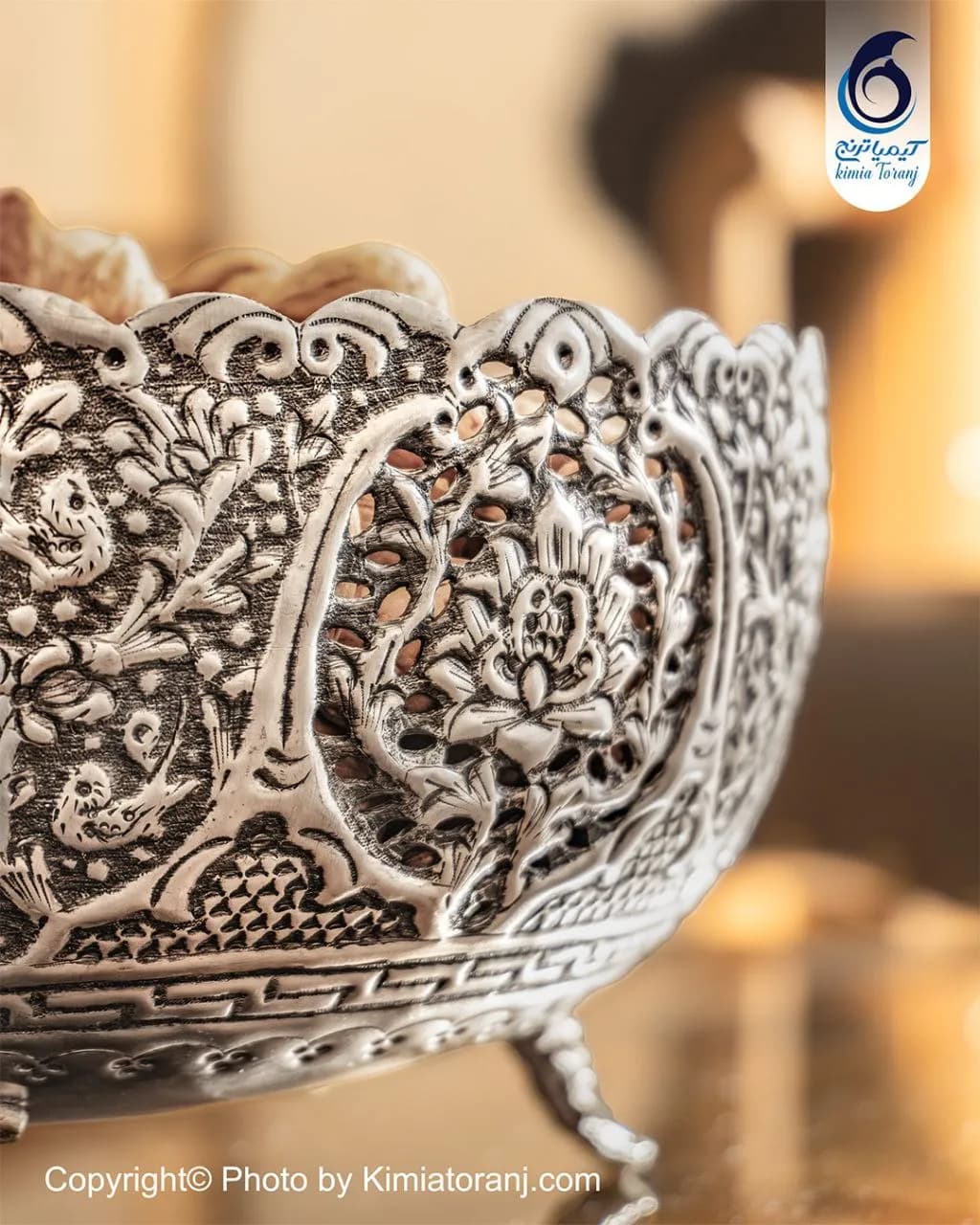 کاسه آجیل خوری کوچک شبه نقره سایز 1 قلم گل و مرغ - 2