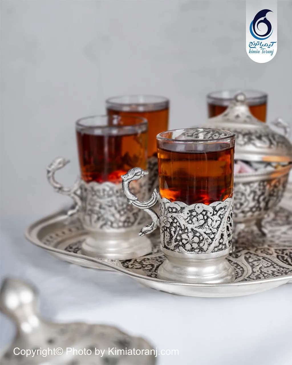 ست چایخوری 6 نفره شبه نقره قلم گل و مرغ - 3