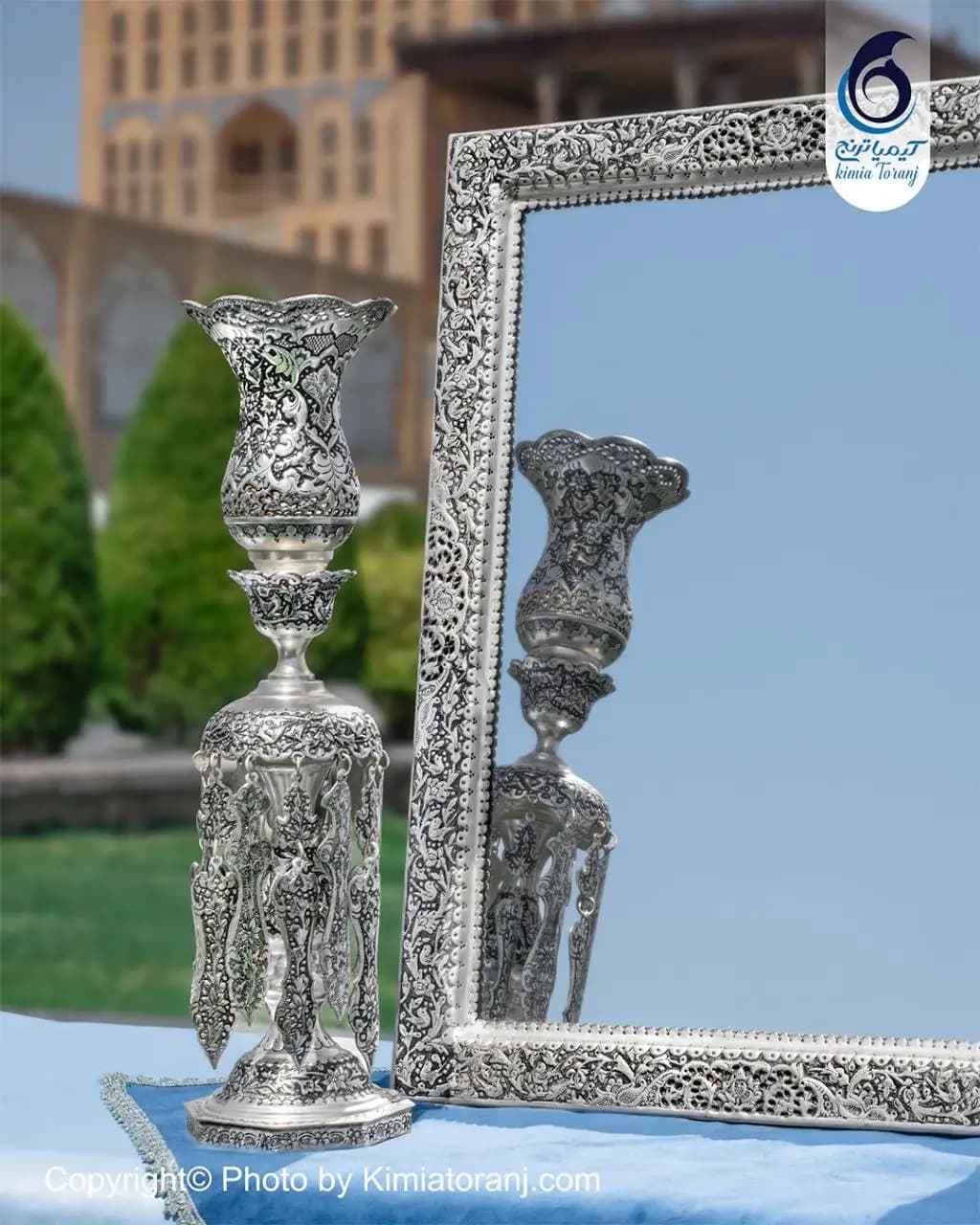 آینه شمعدان عروس چهارگوش 63 شبه نقره قلم گل و مرغ - 3
