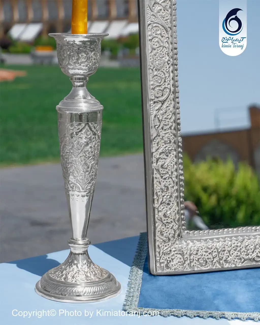 آینه شمعدان عروس چهارگوش تاجدار 63 شبه نقره قلم گل و مرغ - 2