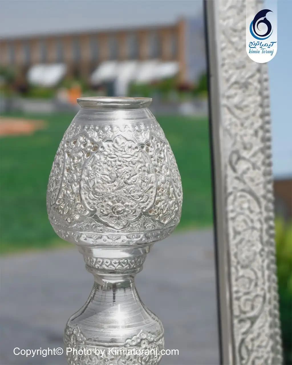 آینه  شمعدان عروس چهارگوش تاجدار 63 شبه نقره  قلم گل و مرغ - 2