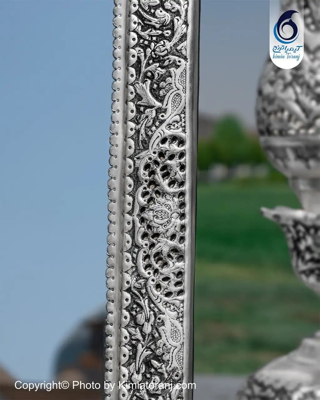 آینه شمعدان عروس چهارگوش 63 شبه نقره قلم گل و مرغ - 2