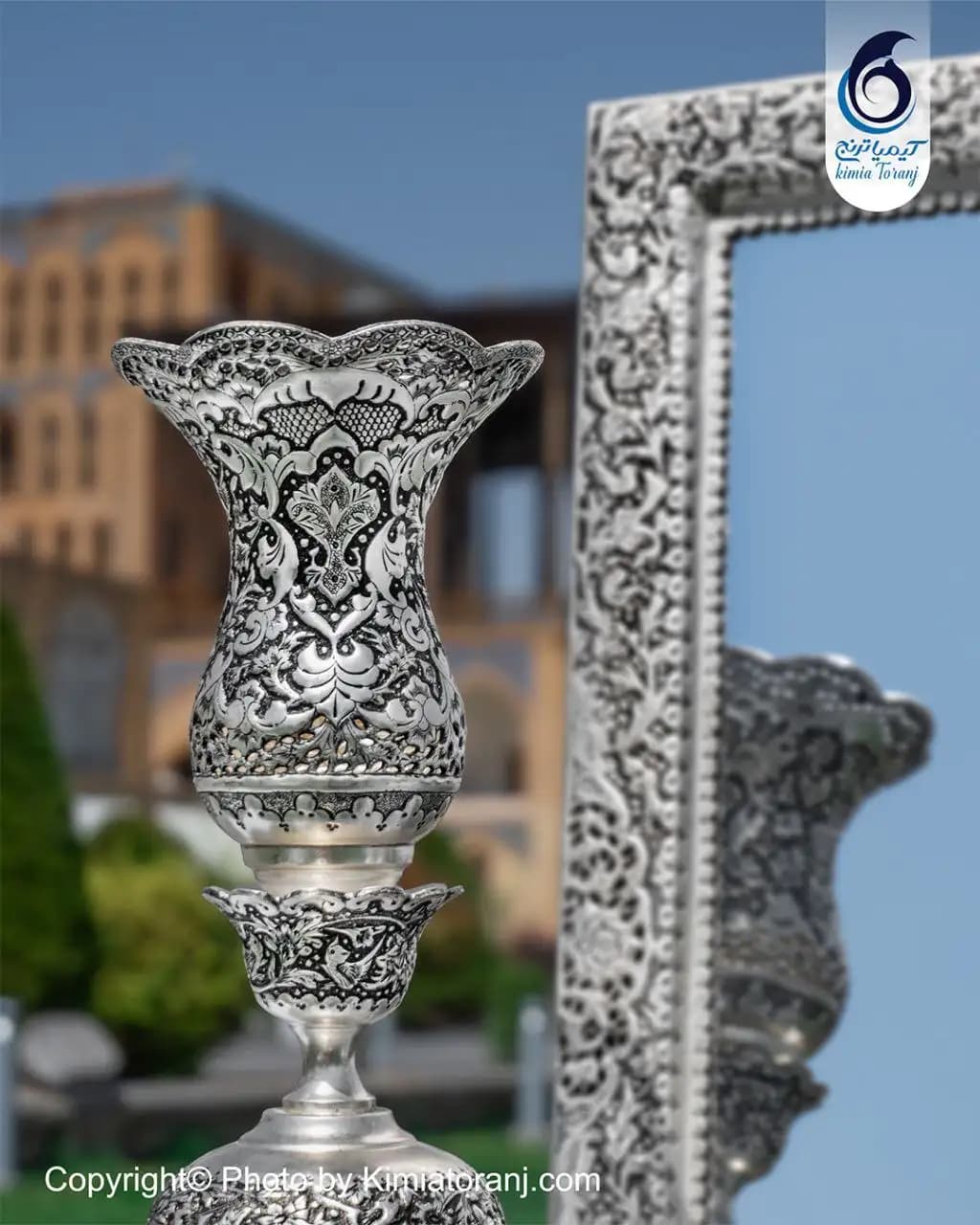 آینه شمعدان عروس چهارگوش 63 شبه نقره قلم گل و مرغ - 5