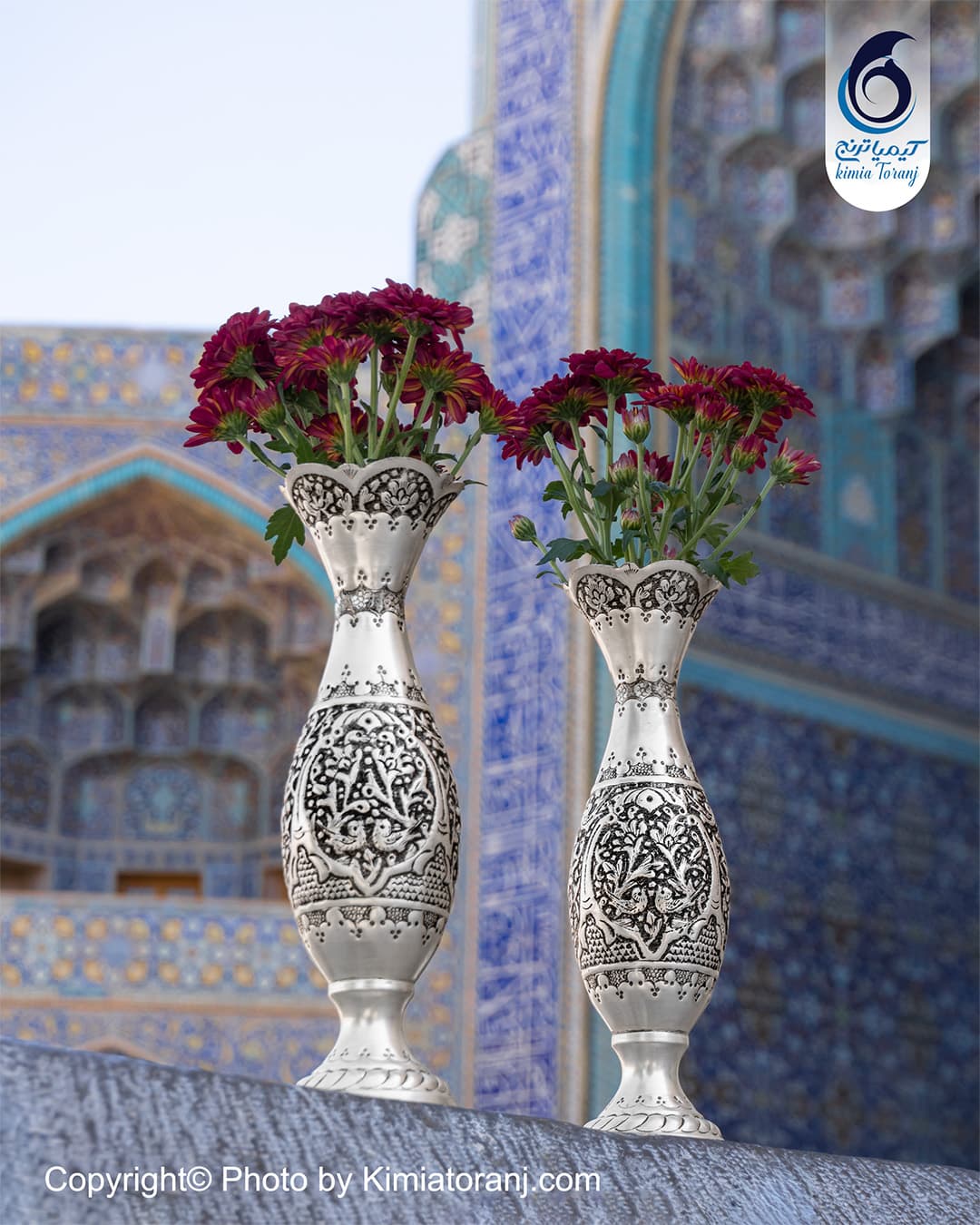 گلدان موشکی شبه نقره  پتینه قلم گل و مرغ