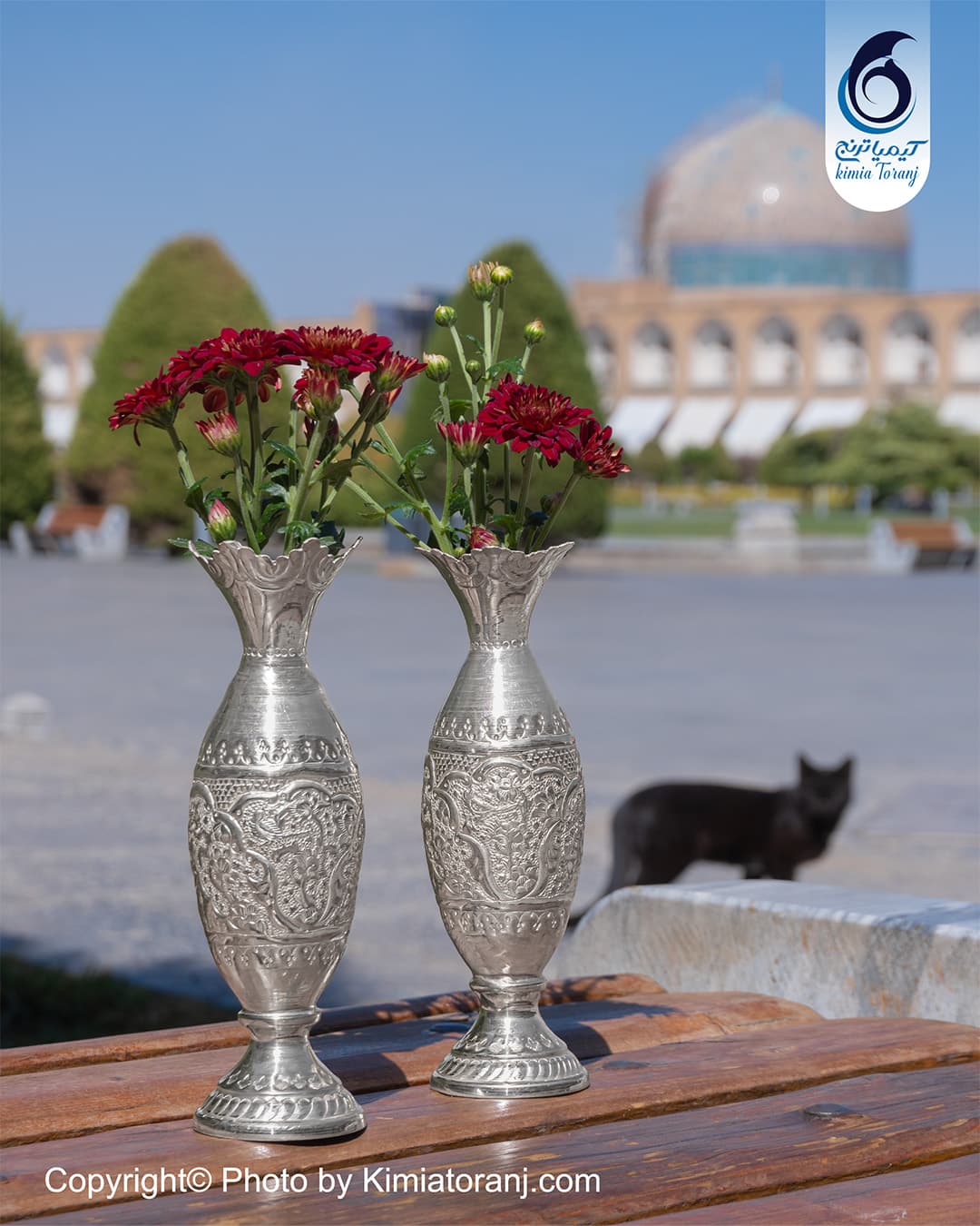 گلدان موشکی شبه نقره سفید قلم گل و مرغ