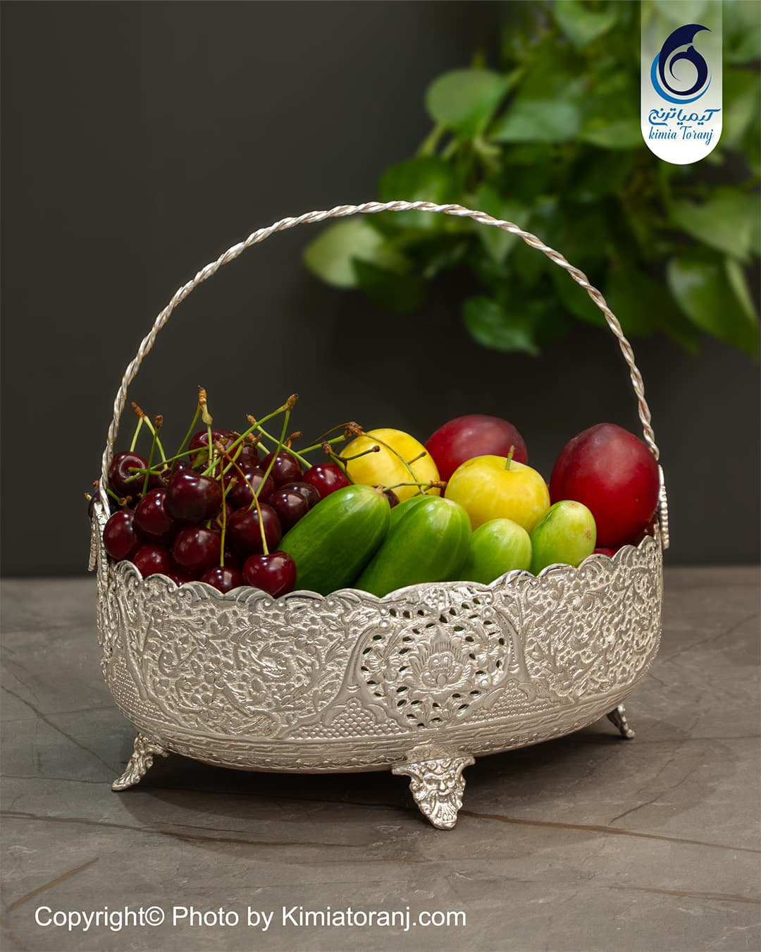 میوه خوری بیضی سبدی شبه نقره سفید قلم گل و مرغ
