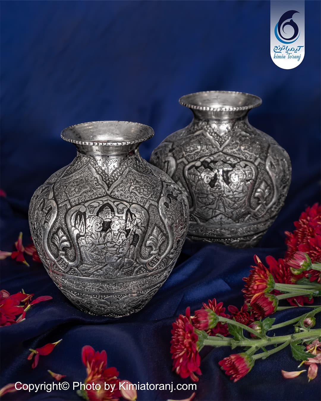 گلدان خمره ای کوچک قلم زنی صورت و اسلیمی