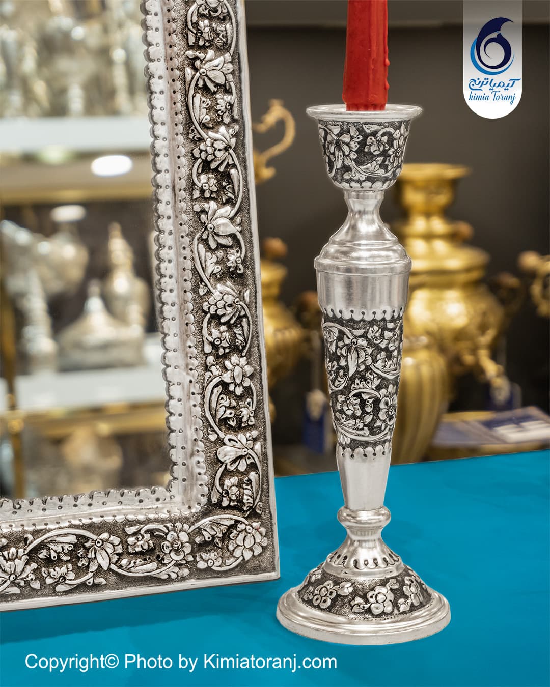 آینه شمعدان شبه نقره گل برجسته پتینه مناسب جهیزیه و دکوراسیون ایرانی