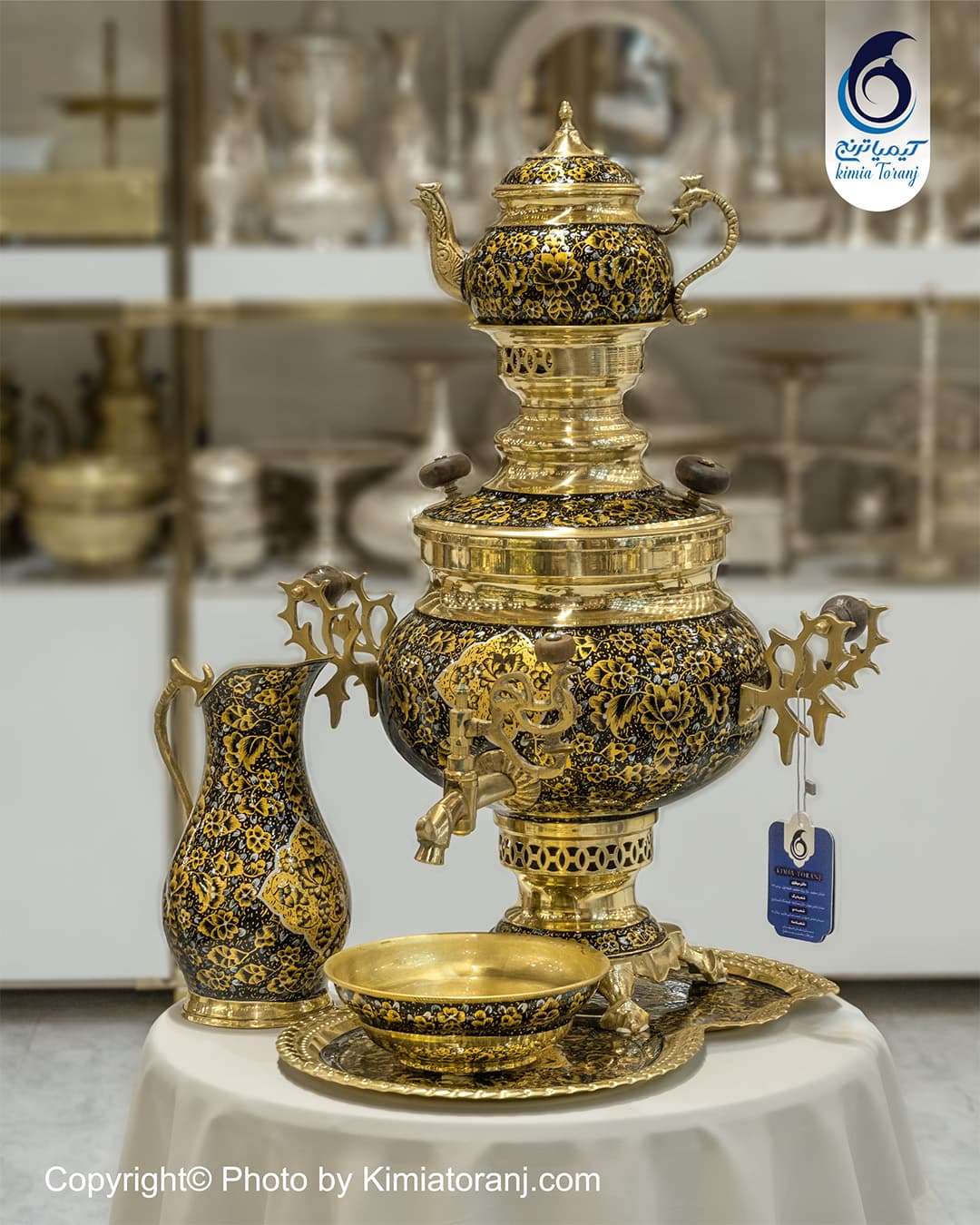 سرویس سماور زرینه ۶ لیتری عدسی برنجی با نقاشی زرینه تشعیر