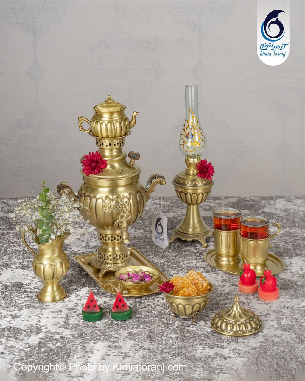 سرویس سماور ذغالی ۱ لیتری توپی خطی با چراغ و چایخوری برنجی ضخیم