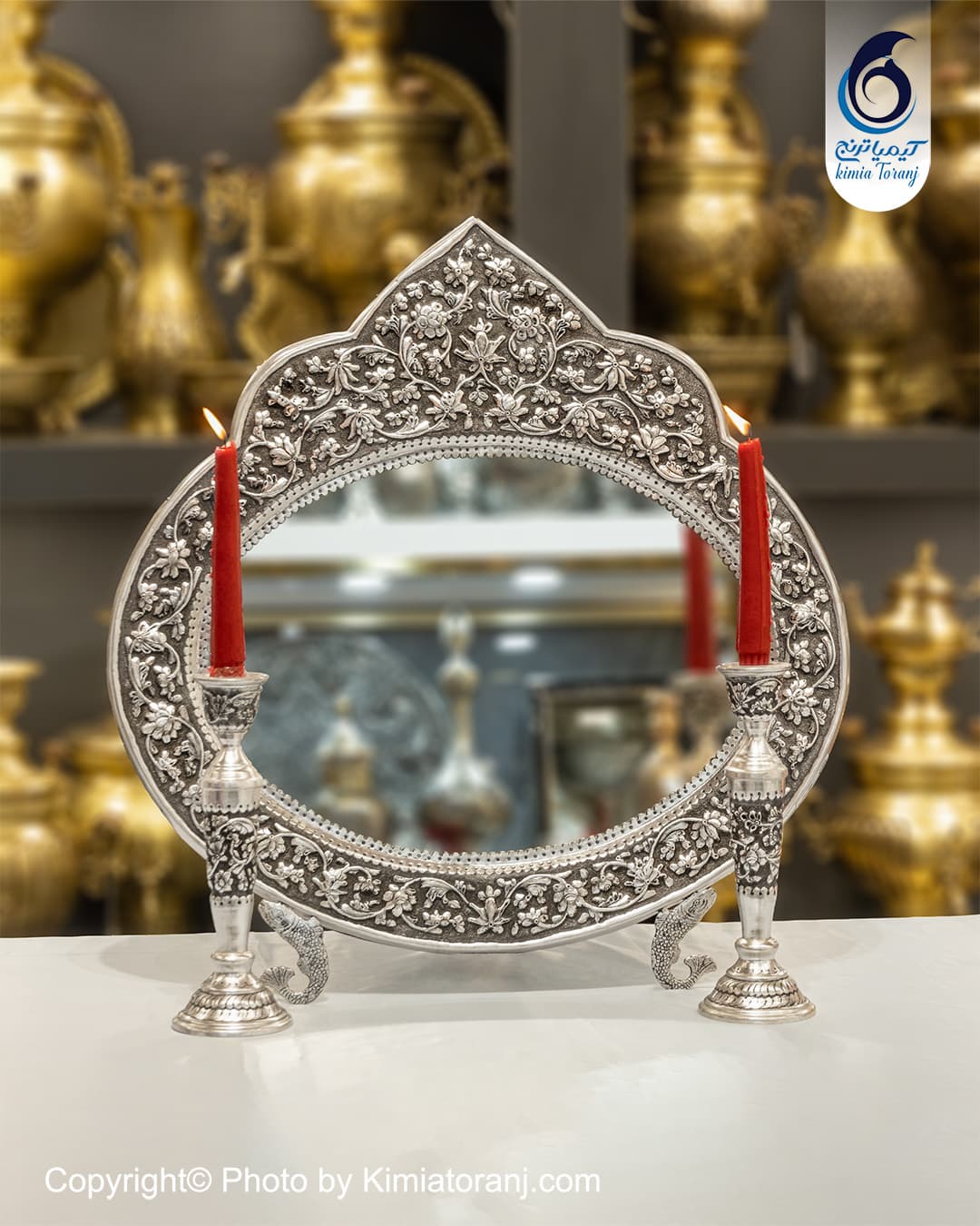 آینه شمعدان عروس بیضی تاجدار افقی 52 شبه نقره گل برجسته