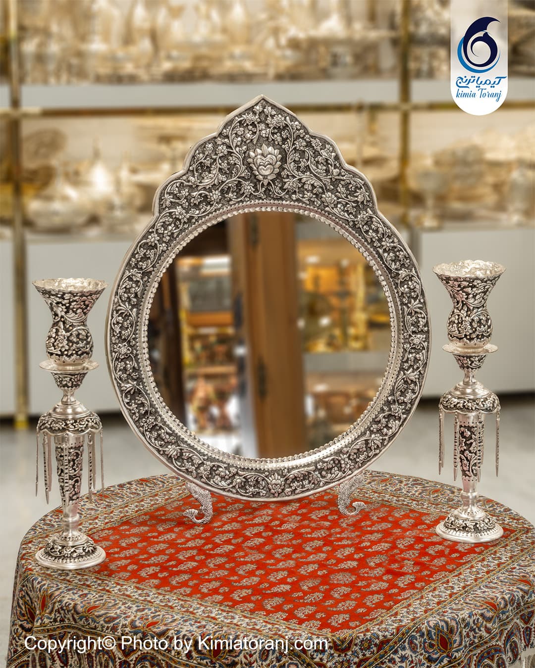 آینه شمعدان عروس گرد تاجدار 68 شبه نقره گل برجسته