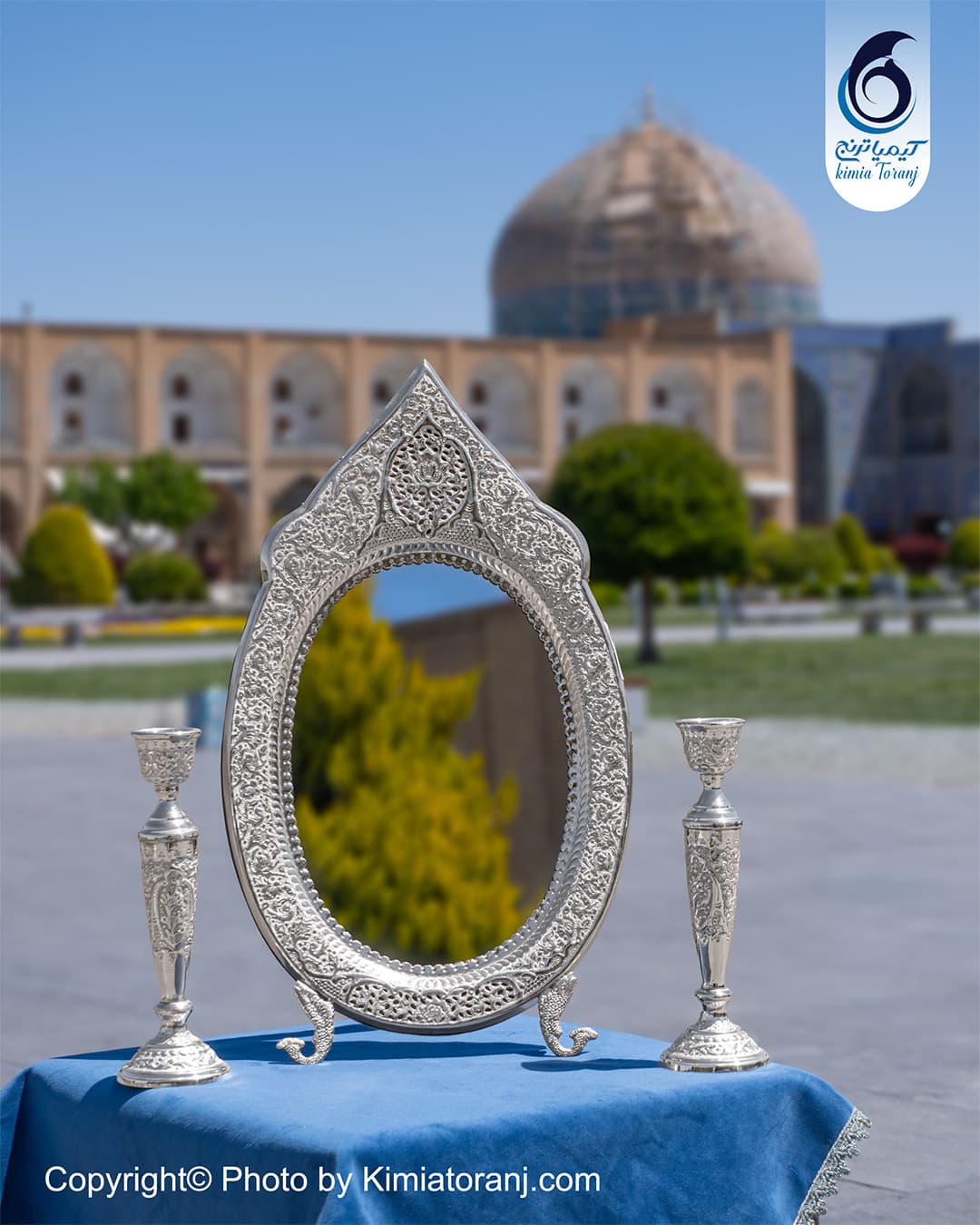 آینه شمعدان بیضی تاجدار 50 شبه نقره گل و مرغ سفید