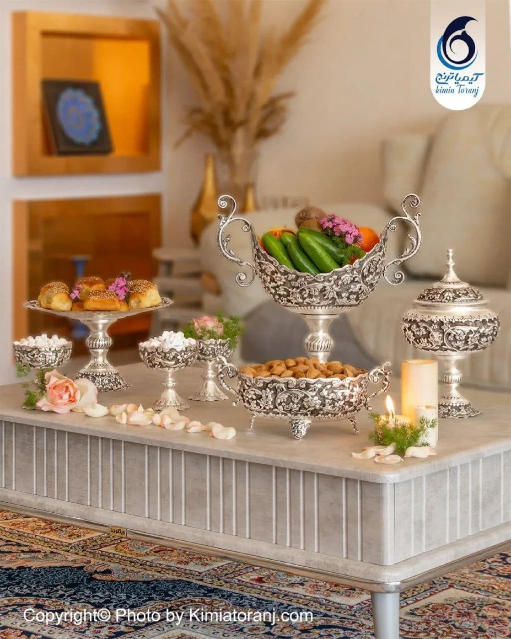 سرویس پذیرایی عروس برنجی ضخیم قلمزنی گل برجسته