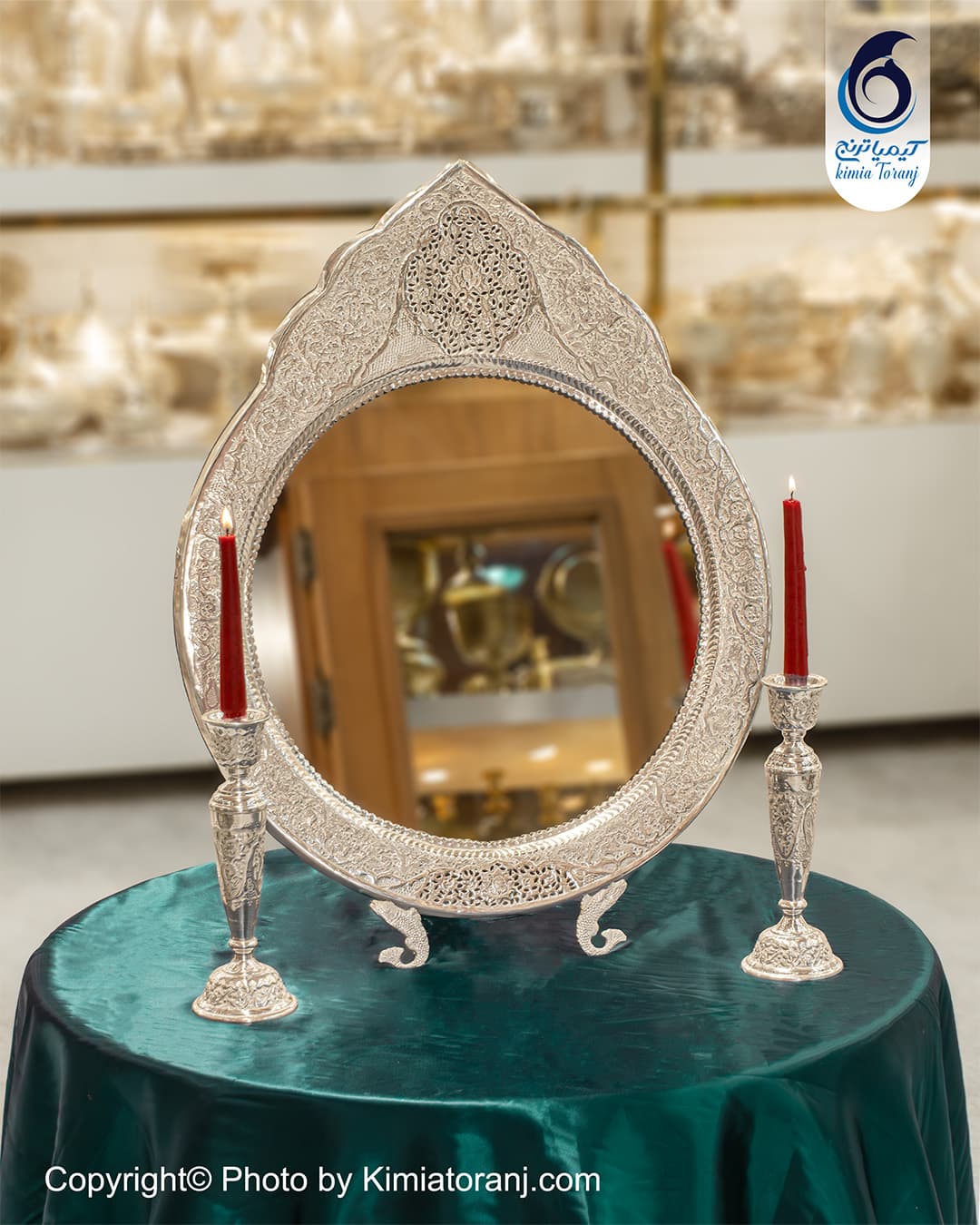 آینه شمعدان عروس گرد تاجدار 70 شبه نقره گل و مرغ
