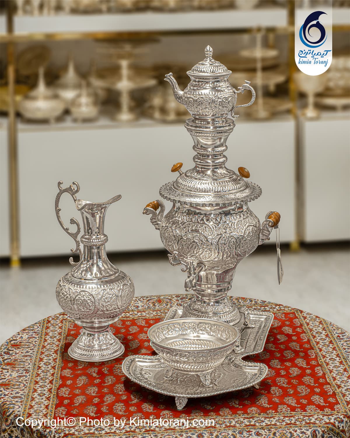 سرویس سماور ۶ لیتری شبه نقره سفید قلم گل و مرغ