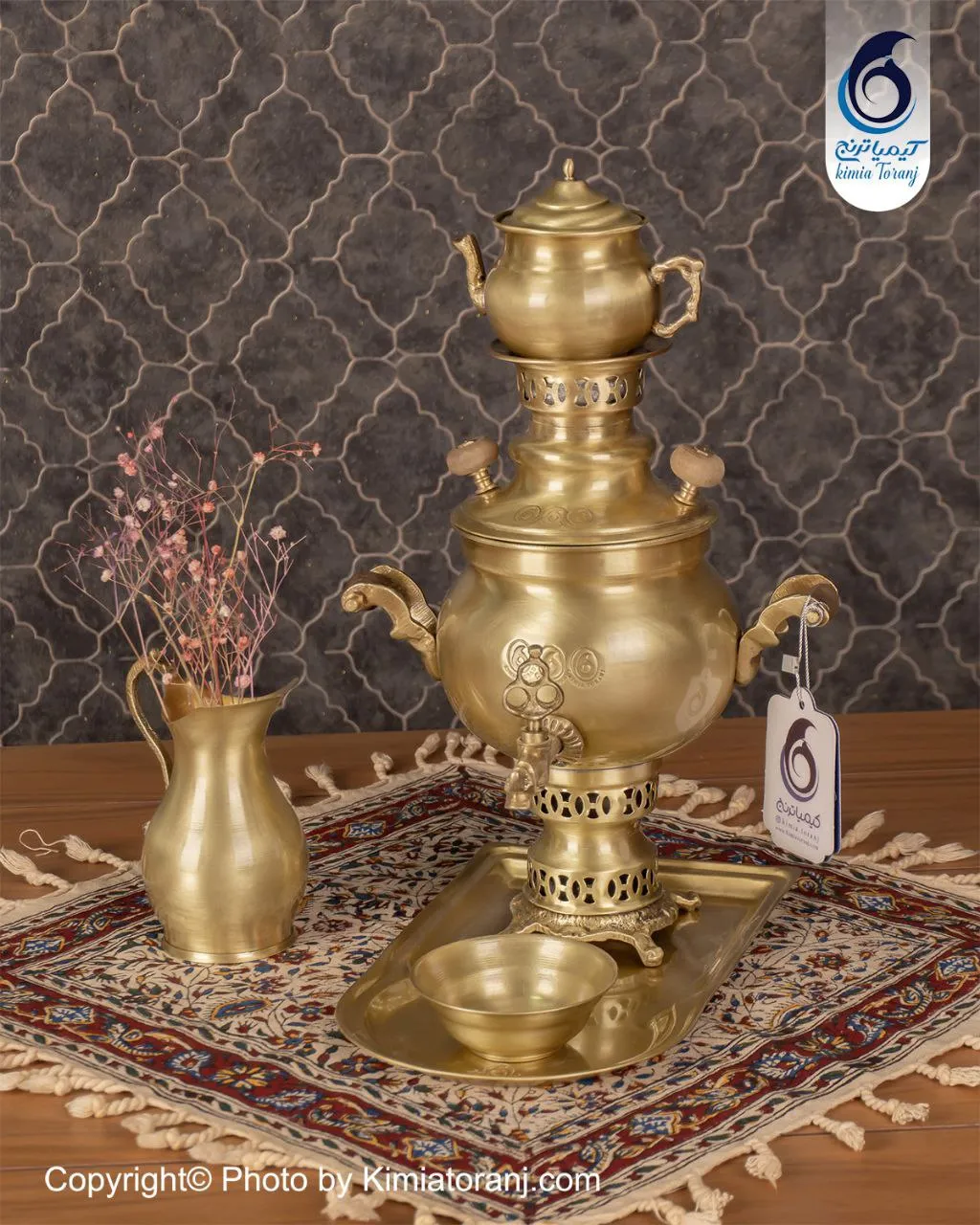 سرویس سماور زغالی ۱ لیتری توپی ساده برنجی