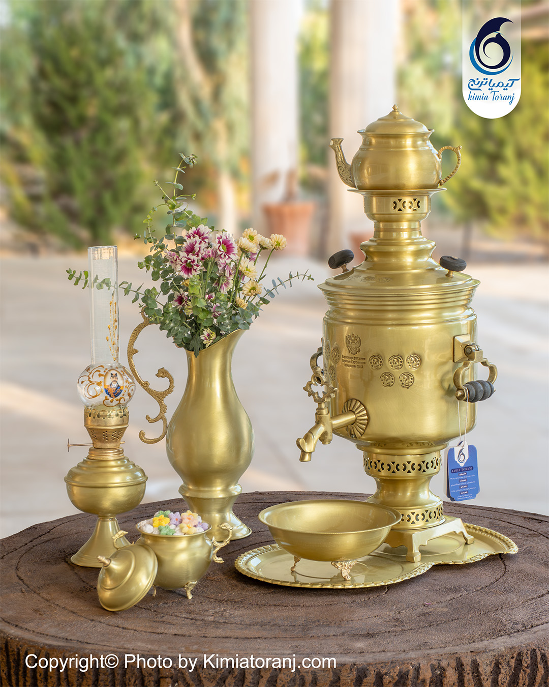 سرویس سماور زغالی ۶ لیتری برنجی استوانه ساده با دسته آویز