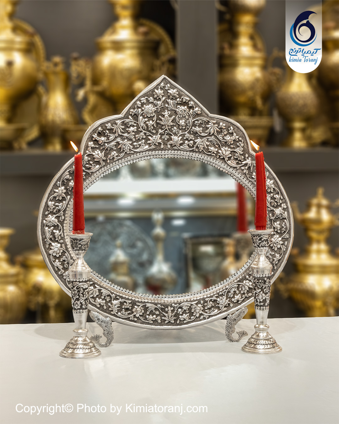 آینه شمعدان عروس بیضی تاجدار ۵۲ شبه نقره گل برجسته پتینه کیمیا ترنج