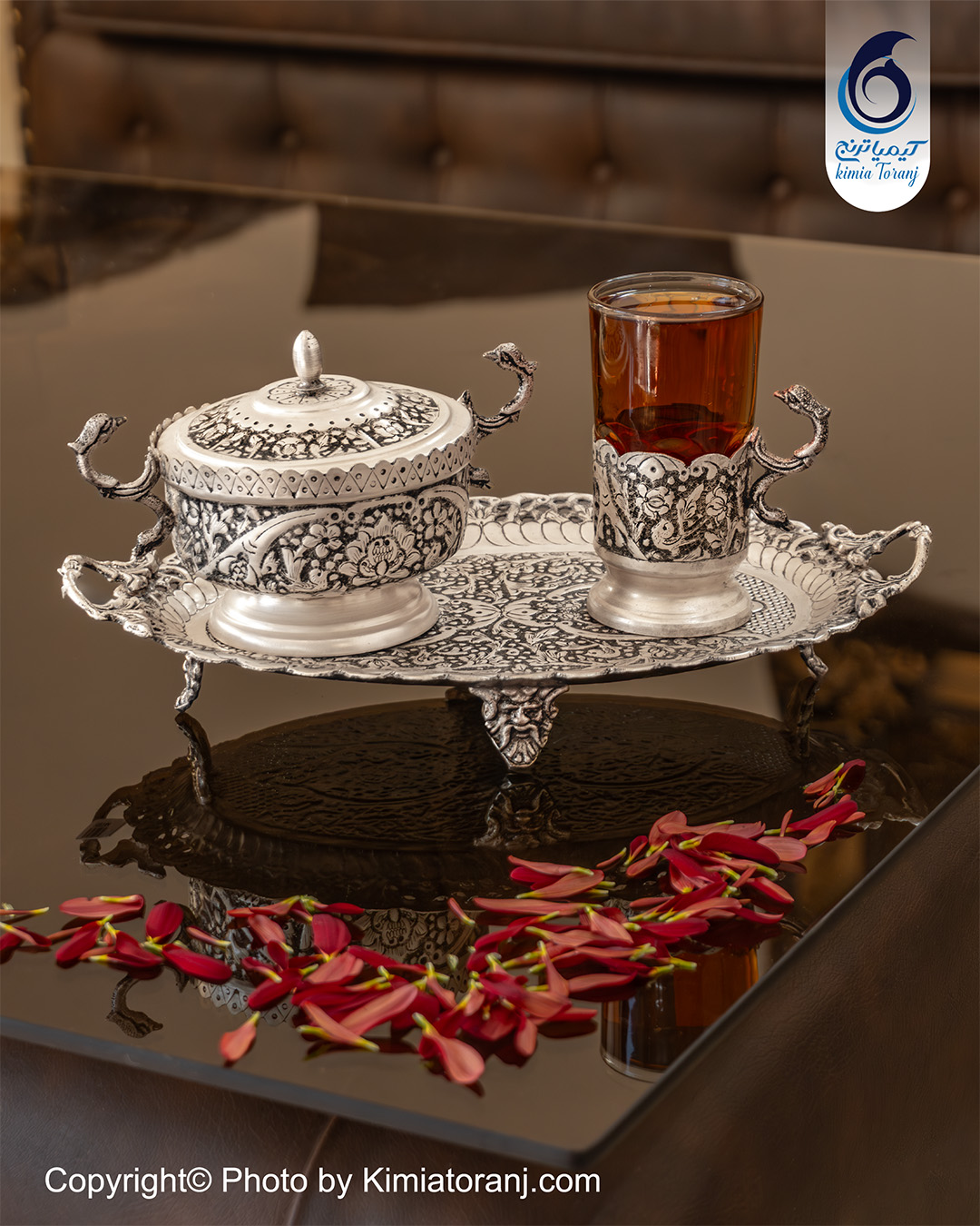 سرویس چایخوری ینفره شبه نقره قلم گل و مرغ