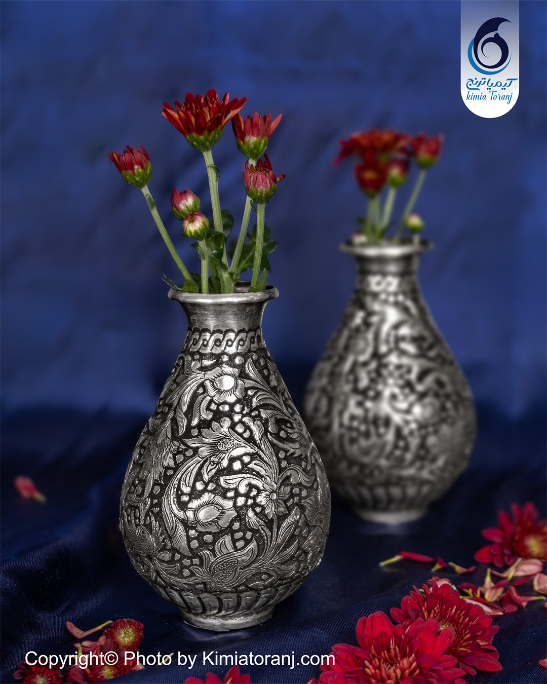 گلدان شکمی کوچک قلم زنی گل و مرغ