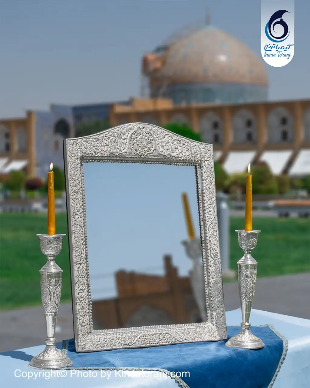 آینه شمعدان عروس چهارگوش تاجدار 63 شبه نقره قلم گل و مرغ